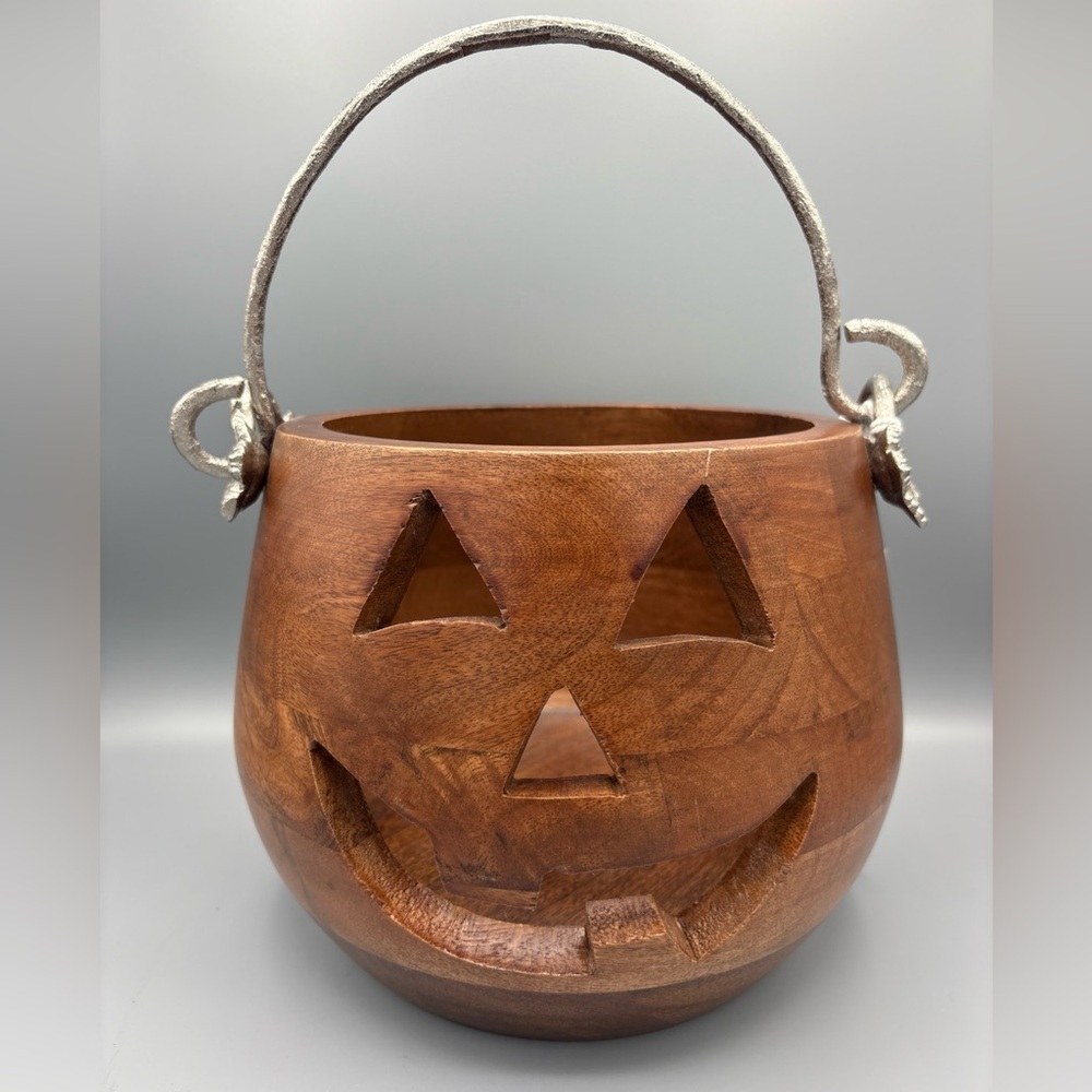 Martha Stewart Brown Wooden Jack-O'-Lantern with Rope Handle